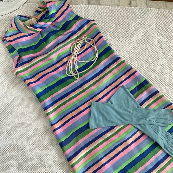 Dynasty vintage 60’s Striped Multicolor Sleeveless silk Dress S/M - Picture 9 of 17